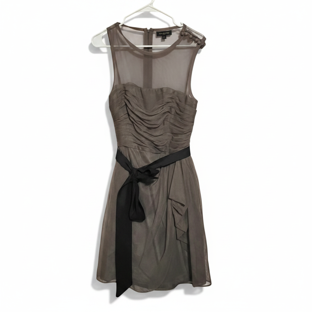 Recycle Me Fancy grey tulle cocktail dress with ruched sweetheart bodice and black satin bow waist sash