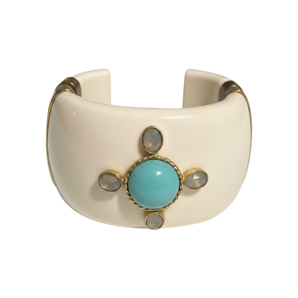 Recycle Me Fancy vintage chunky ivory-tone bangle bracelet featuring a central turquoise stone and gold-tone accents.