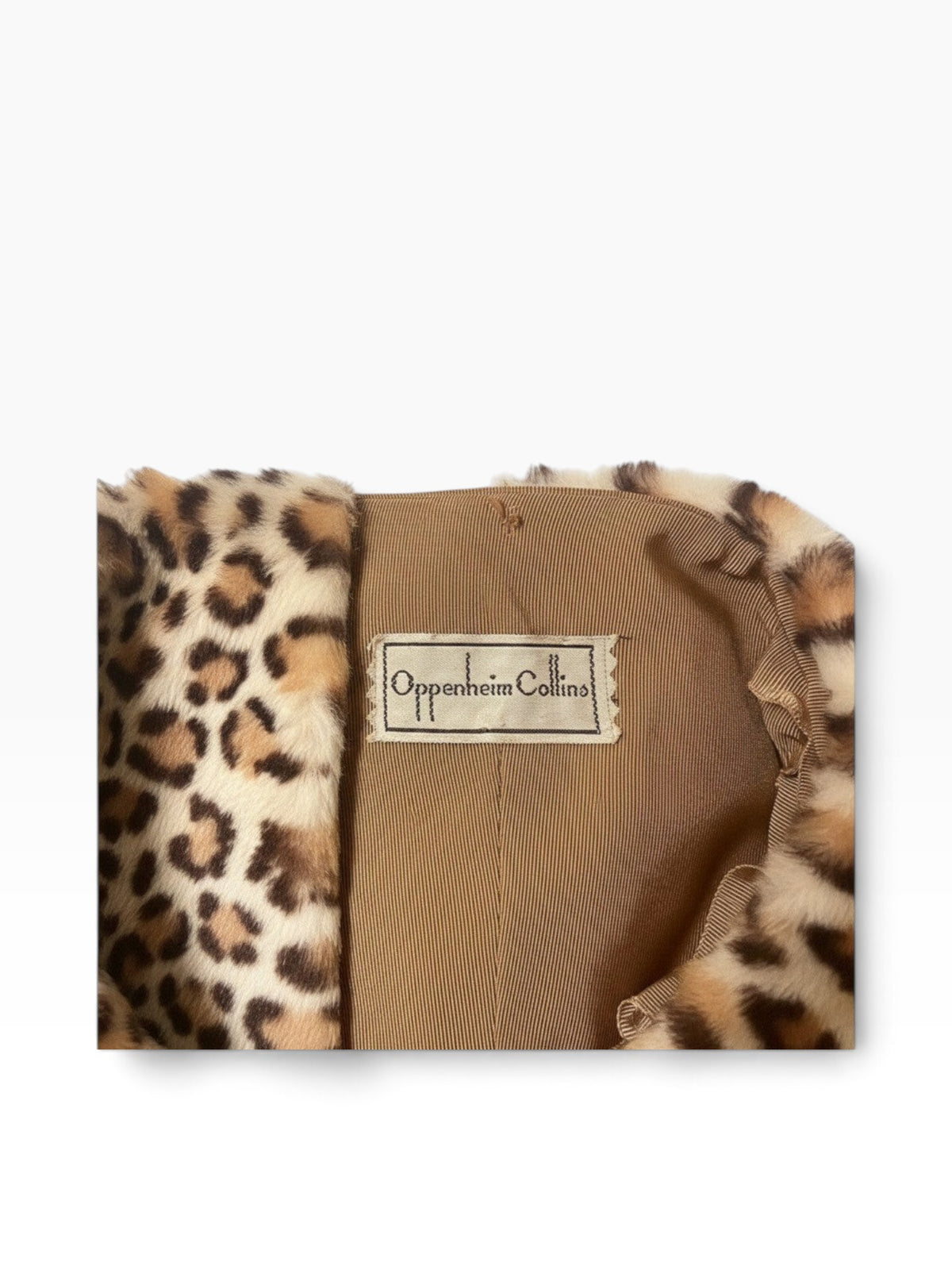 Recycle Me Fancy vintage leopard print fur beret interior showing the Oppenheim Collins brand label