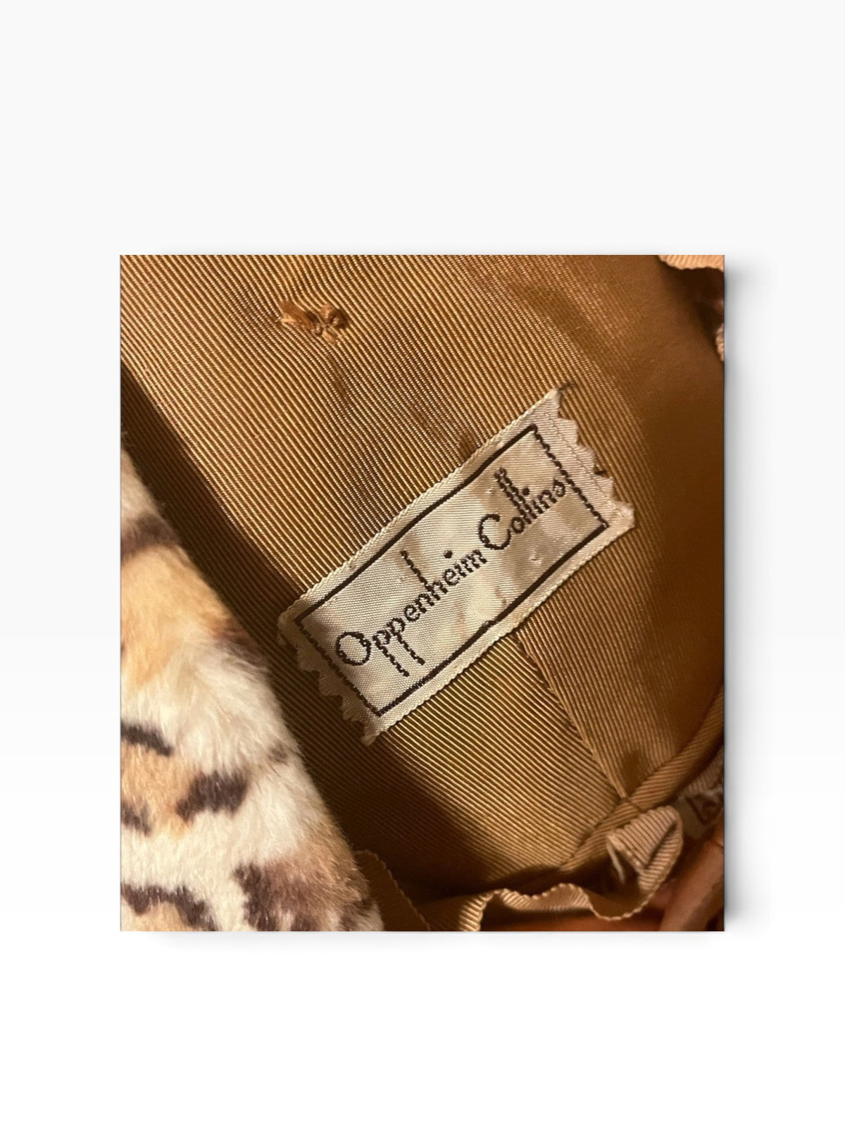 Recycle Me Fancy vintage leopard print fur beret interior with Oppenheim Collins fabric label