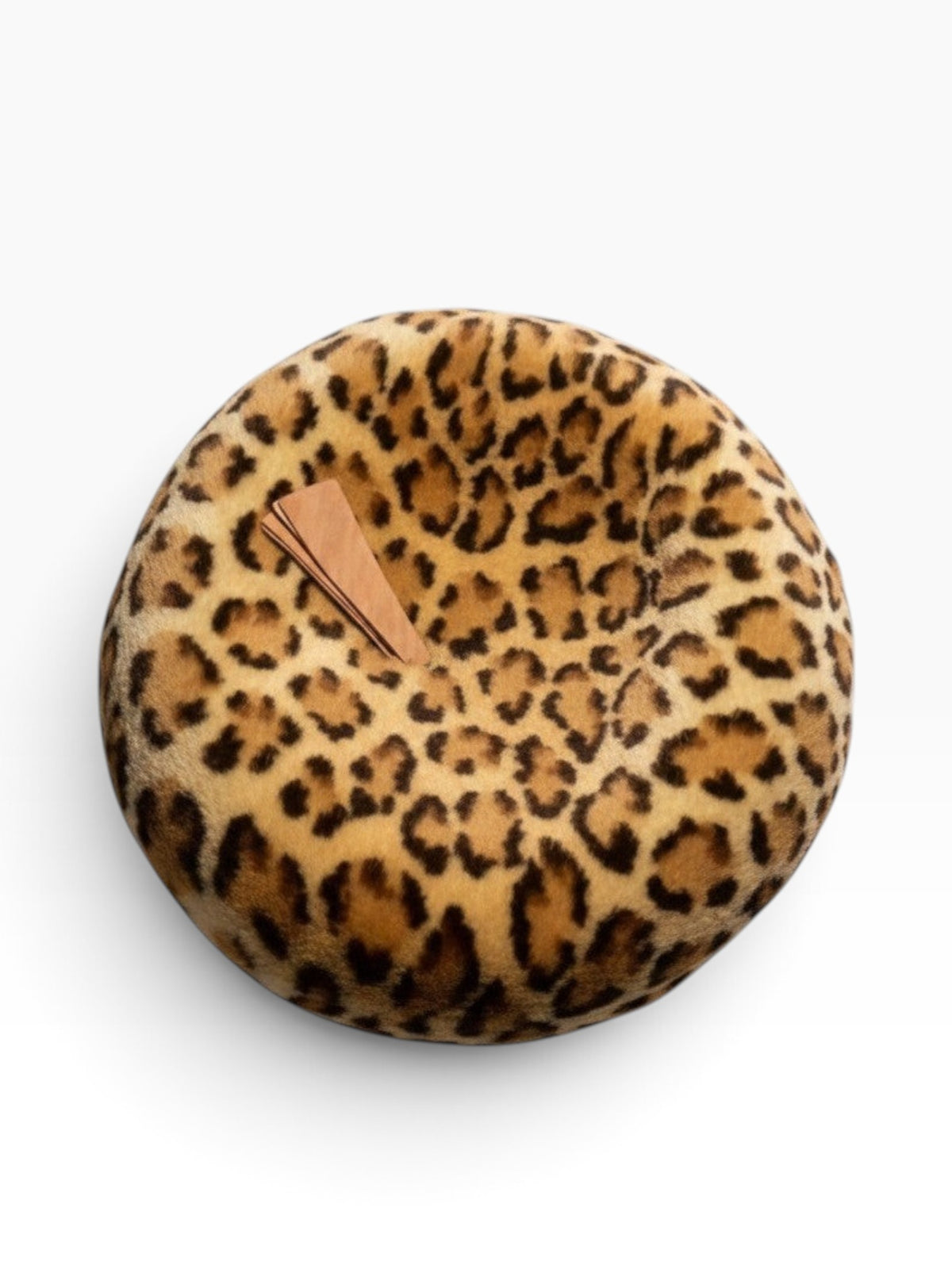 Recycle Me Fancy vintage leopard print fur beret with Oppenheim Collins label, top view showing plush texture.