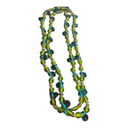 Recycle Me Fancy 48-inch vintage art glass bead necklace in lime and teal with gold-tone spacers and teardrop accents.