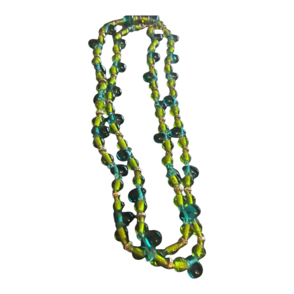 Recycle Me Fancy 48-inch vintage art glass bead necklace in lime and teal with gold-tone spacers and teardrop accents.