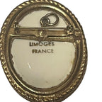 Recycle Me Fancy vintage Limoges France porcelain brooch back showing the authentic stamp and gold rope-twist frame