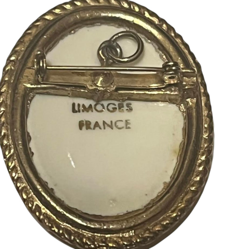 Recycle Me Fancy vintage Limoges France porcelain brooch back showing the authentic stamp and gold rope-twist frame