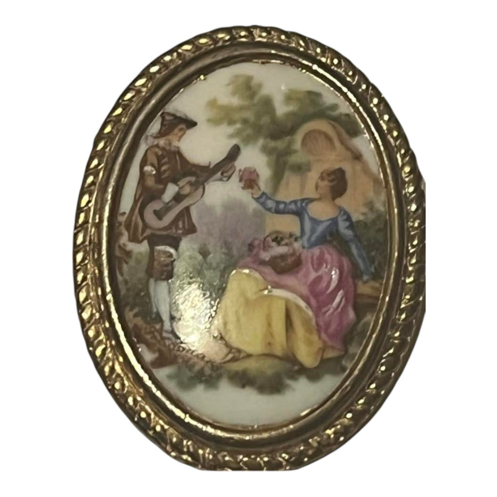 Recycle Me Fancy vintage Limoges France porcelain cameo brooch featuring a hand-painted courting couple in gold frame