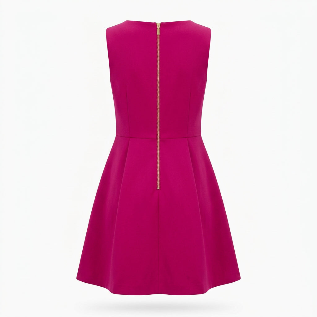 Back view of a magenta sleeveless fit-and-flare dress by Recycle Me Fancy featuring a gold back zipper closure.