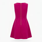 Back view of a magenta sleeveless fit-and-flare dress by Recycle Me Fancy featuring a gold back zipper closure.
