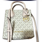 Recycle Me Fancy Michael Kors Mercer mini tote in signature MK logo print with cream leather trim and gold charm