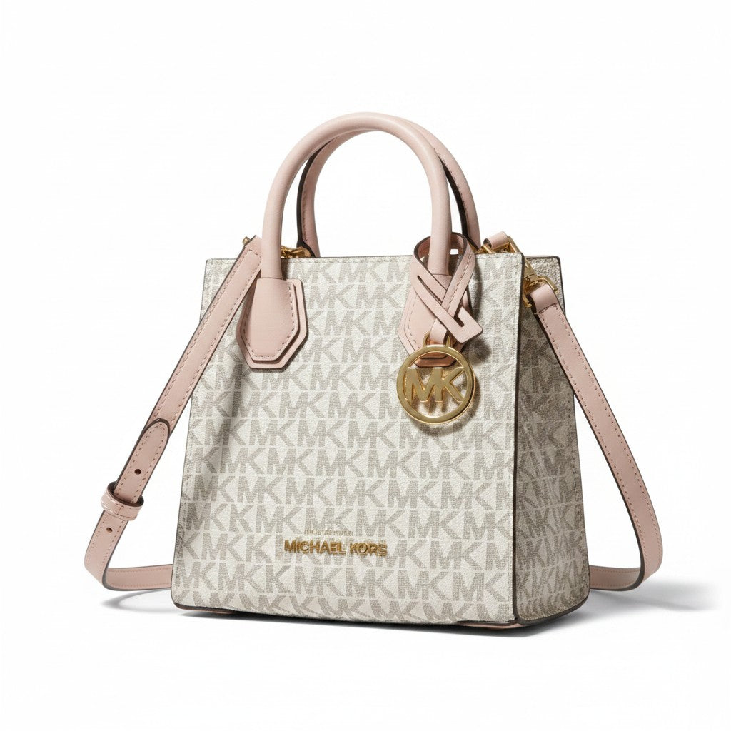 Recycle Me Fancy Michael Kors Mercer mini tote in signature MK logo print with cream leather trim and gold MK charm.