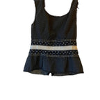 Recycle Me Fancy Nanette Lepore black silk peplum top with white polka dots, scalloped lace trim, and ribbon waistband.