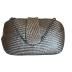 Recycle Me Fancy vintage oval clutch in metallic pewter woven material with a slim chain shoulder strap