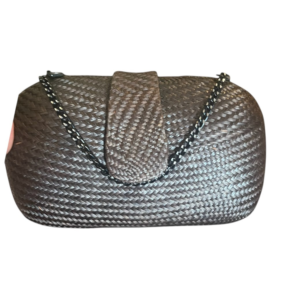 Recycle Me Fancy vintage oval clutch in metallic pewter woven material with a slim chain shoulder strap