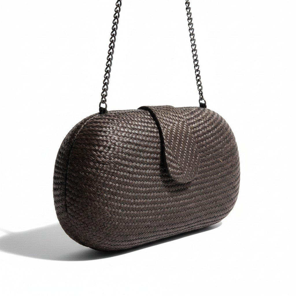 Recycle Me Fancy vintage metallic pewter woven oval clutch with a slim chain strap and fold-over flap closure
