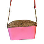 Recycle Me Fancy pink pebbled leather and natural cork crossbody bag with gold chain strap and lion emblem accent