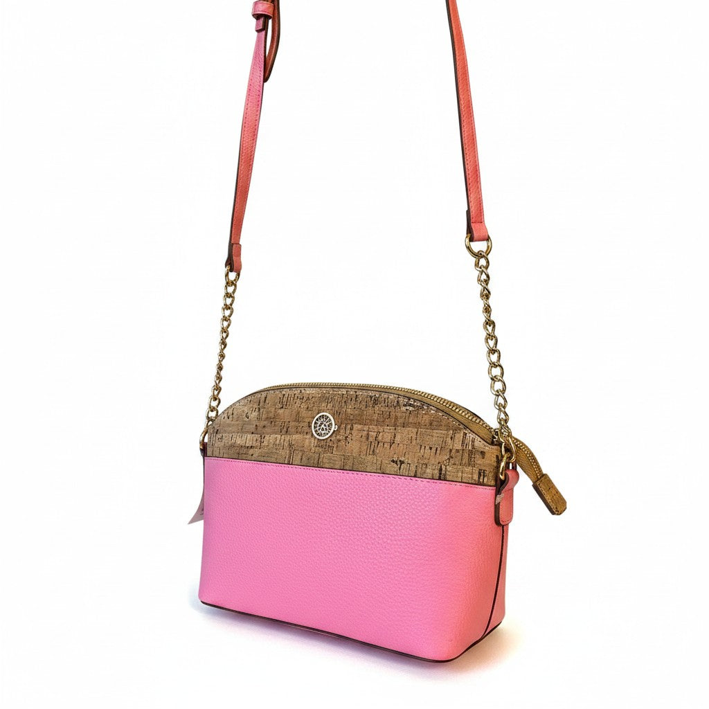 Recycle Me Fancy pink pebbled leather and natural cork crossbody bag with gold chain strap and lion emblem accent