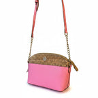 Recycle Me Fancy pink pebbled leather and natural cork crossbody bag with gold chain strap and lion emblem accent