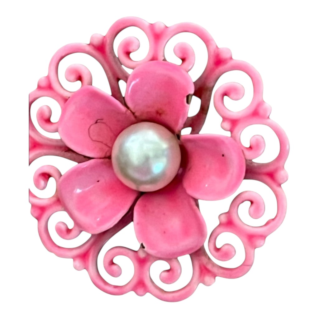 Recycle Me Fancy vintage pink enamel flower brooch with open scrollwork frame and a central lustrous faux pearl.