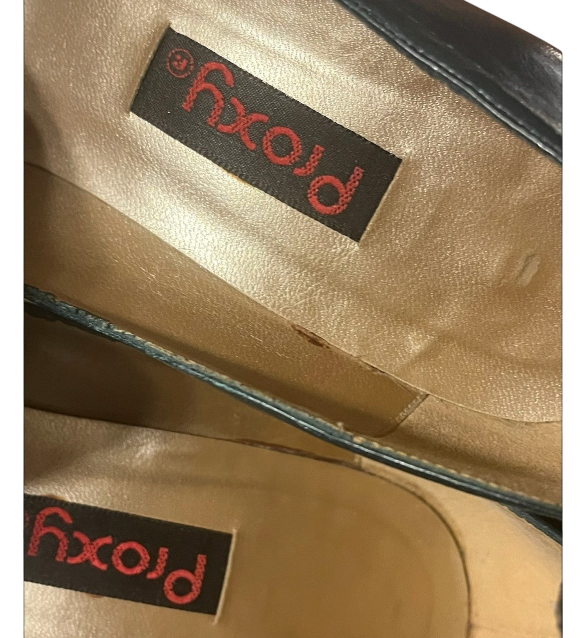Recycle Me Fancy vintage Proxy pumps interior showing the brand label and gold lining