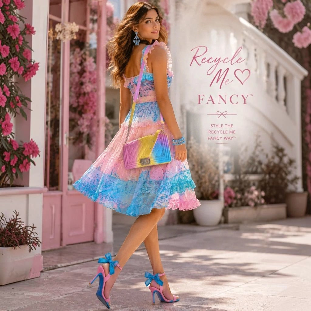 Recycle Me Fancy rainbow ombré quilted jelly crossbody bag with gold chain strap worn by a model in a floral setting