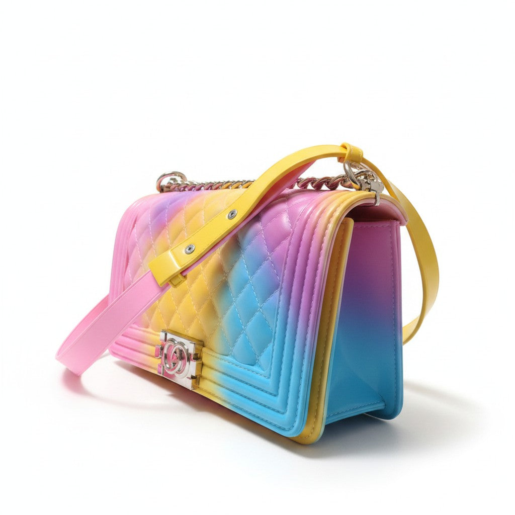 Recycle Me Fancy rainbow ombre quilted jelly crossbody bag with gold-tone chain strap and twist-lock closure