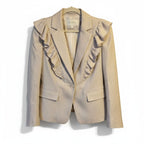 Recycle Me Fancy Rebecca Taylor beige tailored blazer featuring elegant ruffle shoulder detailing and front buttons.