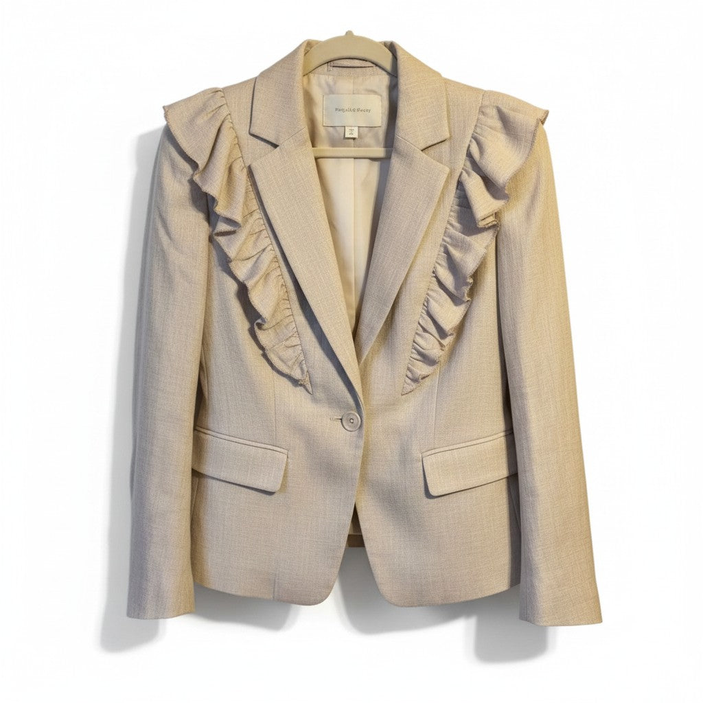 Recycle Me Fancy Rebecca Taylor beige tailored blazer featuring elegant ruffle shoulder detailing and front buttons.