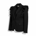 Recycle Me Fancy Rebecca Taylor black tailored blazer featuring statement ruffle shoulders and satin lapel trim.