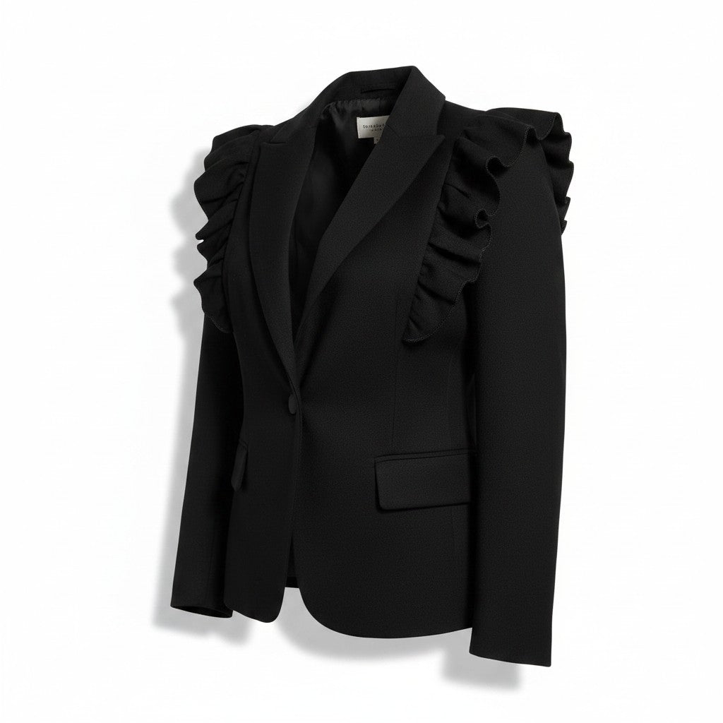 Recycle Me Fancy Rebecca Taylor black tailored blazer featuring statement ruffle shoulders and satin lapel trim.