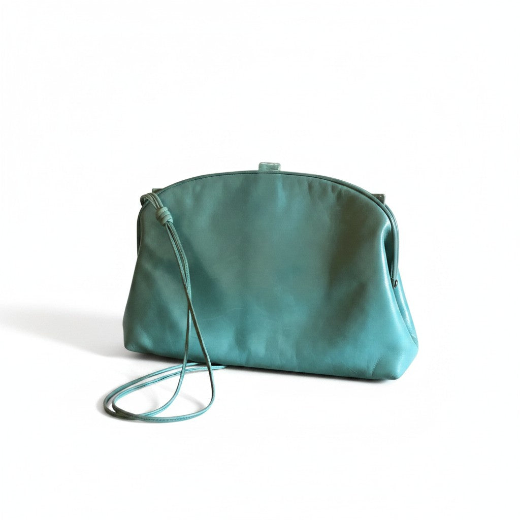 Recycle Me Fancy vintage sage green leather crossbody handbag with a structured envelope silhouette and thin strap