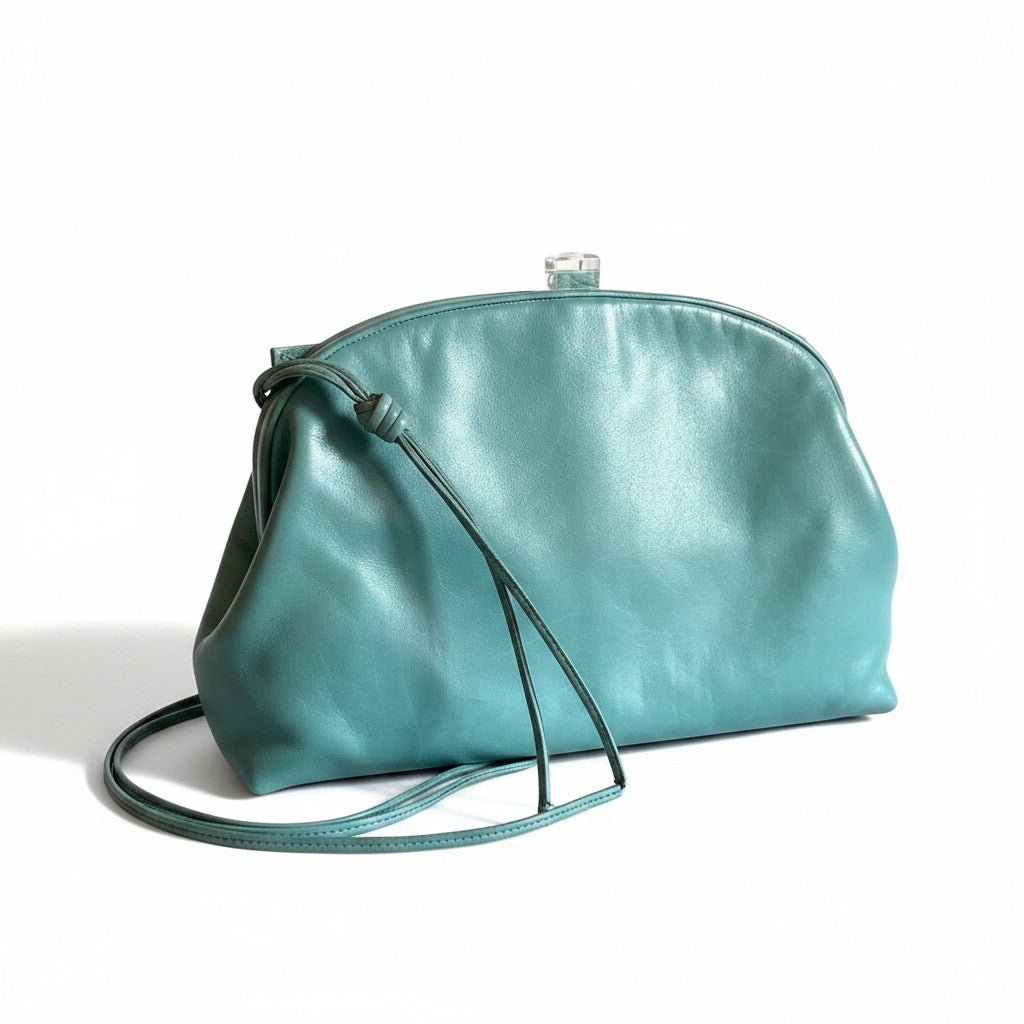 Recycle Me Fancy vintage sage green leather crossbody handbag with a soft structured silhouette and thin strap