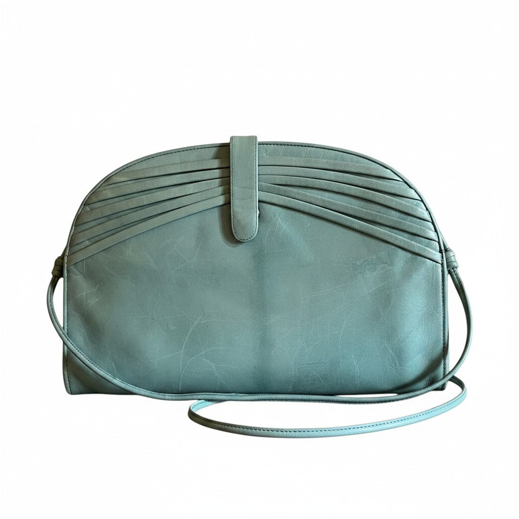 Recycle Me Fancy vintage sage green leather crossbody handbag with pleated flap and gold-tone twist lock closure