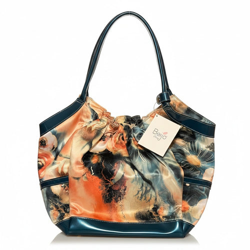 Recycle Me Fancy Beijo Classic satin tote with watercolor floral print in coral, black, and cream with teal trim.