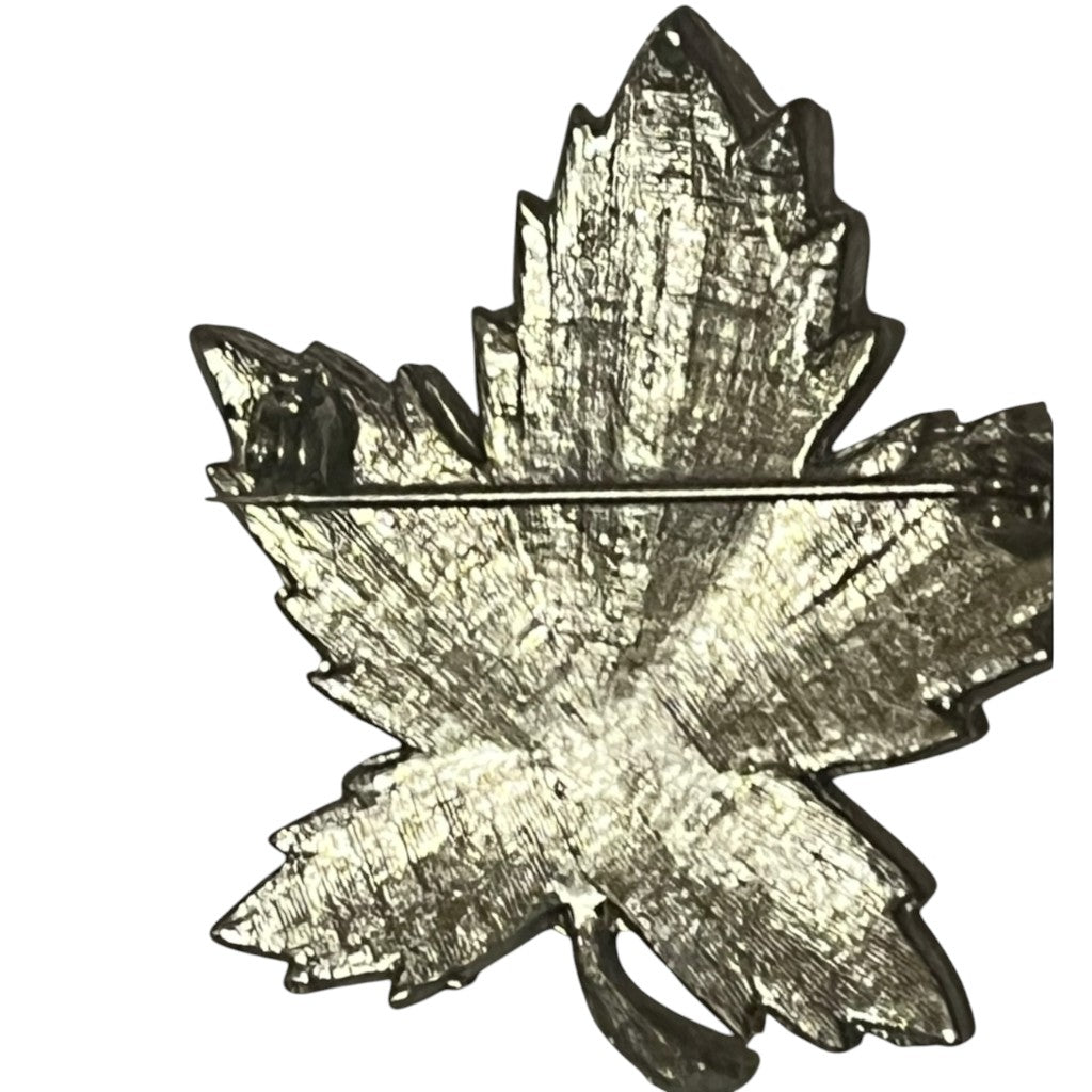 Recycle Me Fancy vintage silver-tone maple leaf brooch back view showing the pin closure mechanism