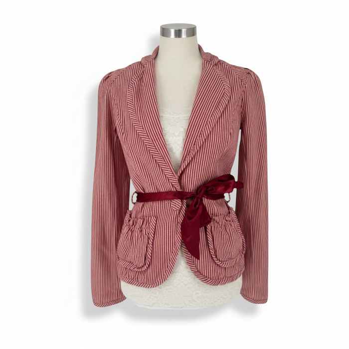 Recycle Me Fancy Y2K Free People red and white striped blazer with a burgundy satin tie belt and patch pockets.