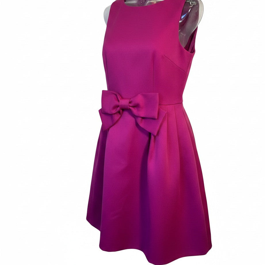 Recycle Me Fancy Tahari magenta sleeveless fit and flare dress with a statement bow waist and pleated skirt