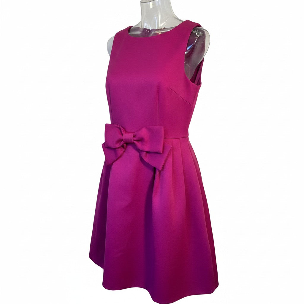 Recycle Me Fancy Tahari magenta sleeveless fit and flare dress with a statement bow waist and pleated skirt