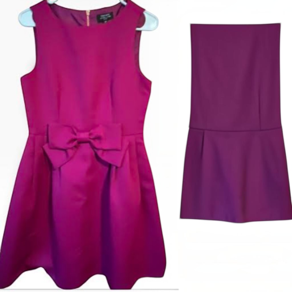Recycle Me Fancy Tahari magenta sleeveless fit and flare dress featuring a statement bow at the waist and pleated skirt