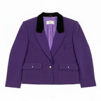 Recycle Me Fancy vintage Valentino Miss V purple wool cropped blazer featuring a black velvet collar and front pockets.