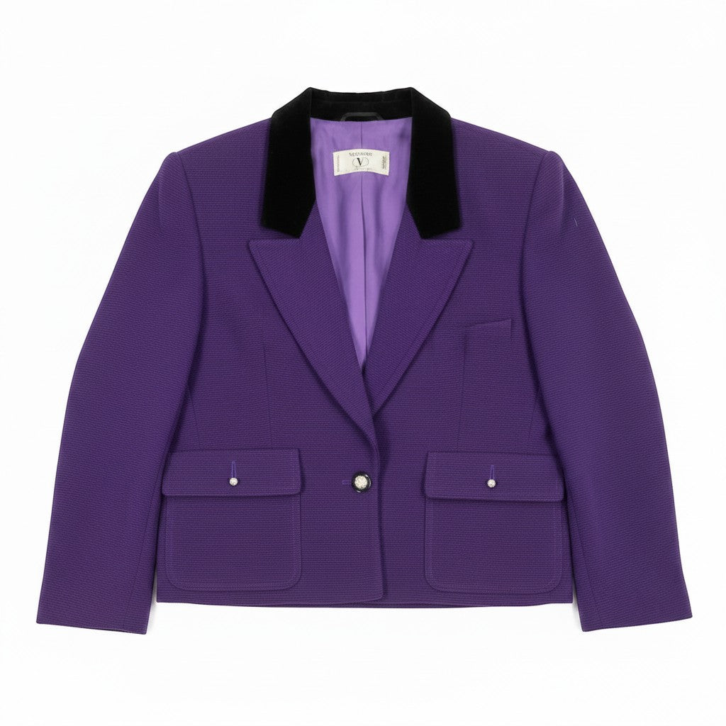 Recycle Me Fancy vintage Valentino Miss V purple wool cropped blazer featuring a black velvet collar and front pockets.