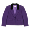 Recycle Me Fancy vintage Valentino Miss V purple wool cropped blazer featuring a black velvet collar and button pockets