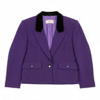 Recycle Me Fancy vintage Valentino Miss V purple wool cropped blazer featuring a black velvet collar and button pockets