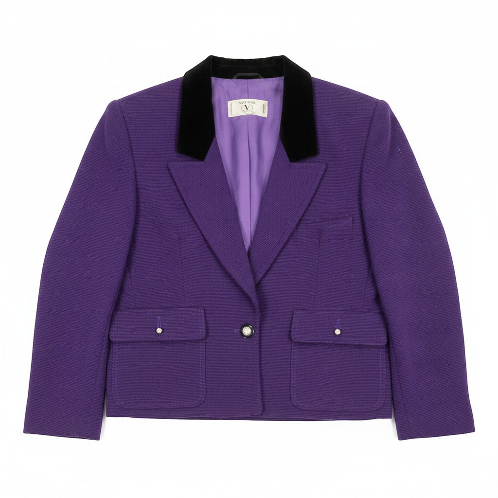 Recycle Me Fancy vintage Valentino Miss V purple wool cropped blazer featuring a black velvet collar and button pockets