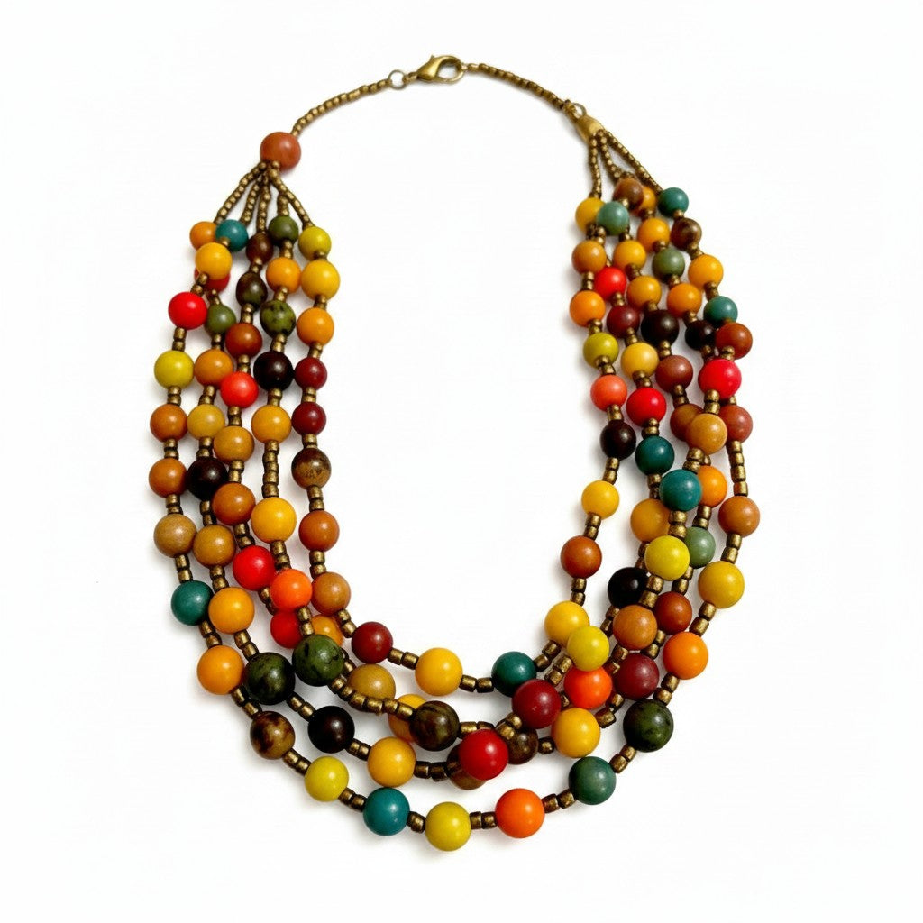 Recycle Me Fancy vintage AL-KHAN New York five-strand statement necklace with multicolor wood and glass beads