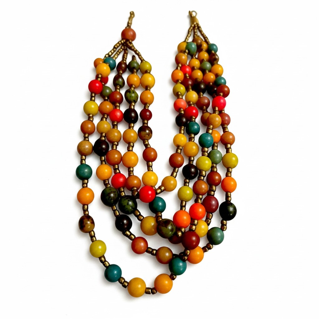 Recycle Me Fancy vintage AL-KHAN New York five-strand statement necklace with multicolor wood and glass beads.