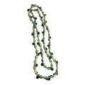 Recycle Me Fancy 48-inch vintage art glass necklace with lime green and teal teardrop beads and gold-tone spacers.