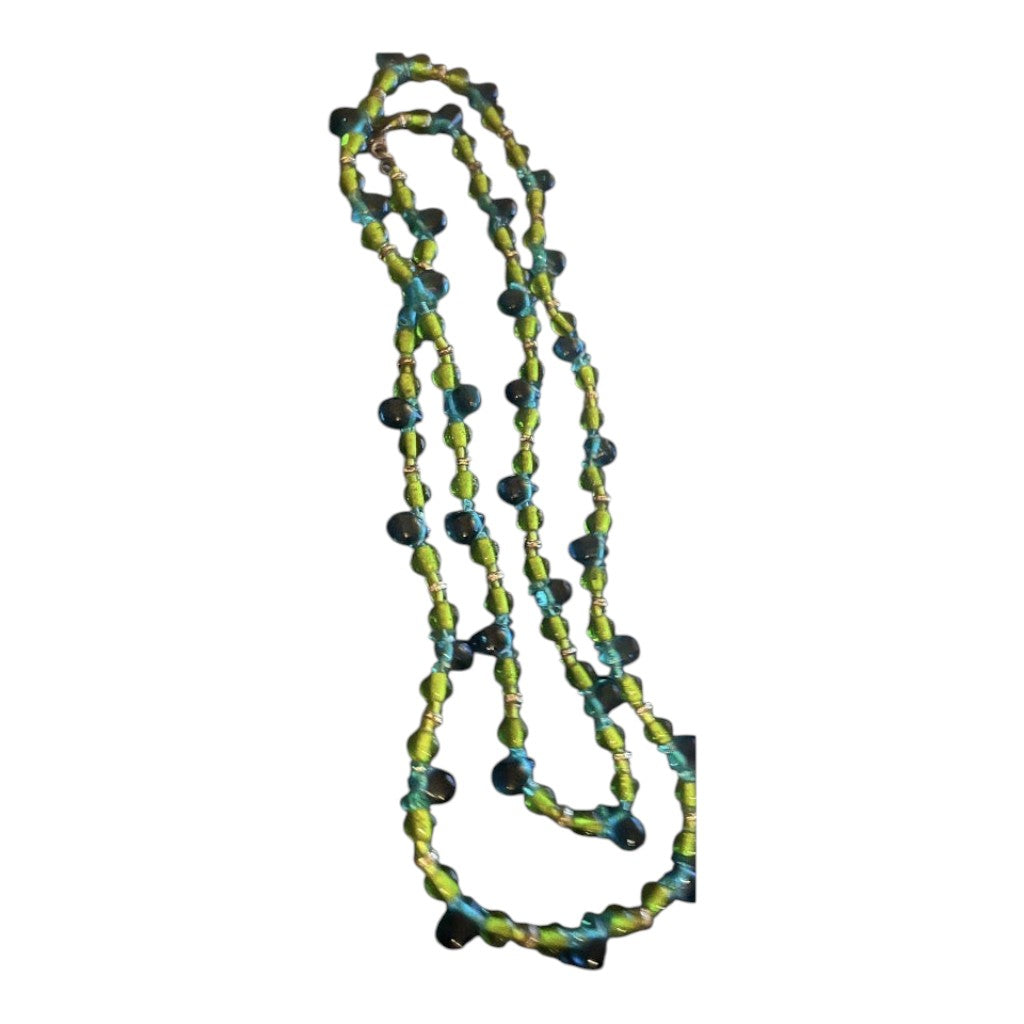 Recycle Me Fancy 48-inch vintage art glass necklace with lime green and teal teardrop beads and gold-tone spacers.