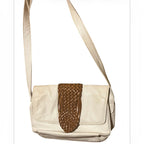 Recycle Me Fancy vintage Aspects white leather crossbody bag featuring a woven tan leather flap detail