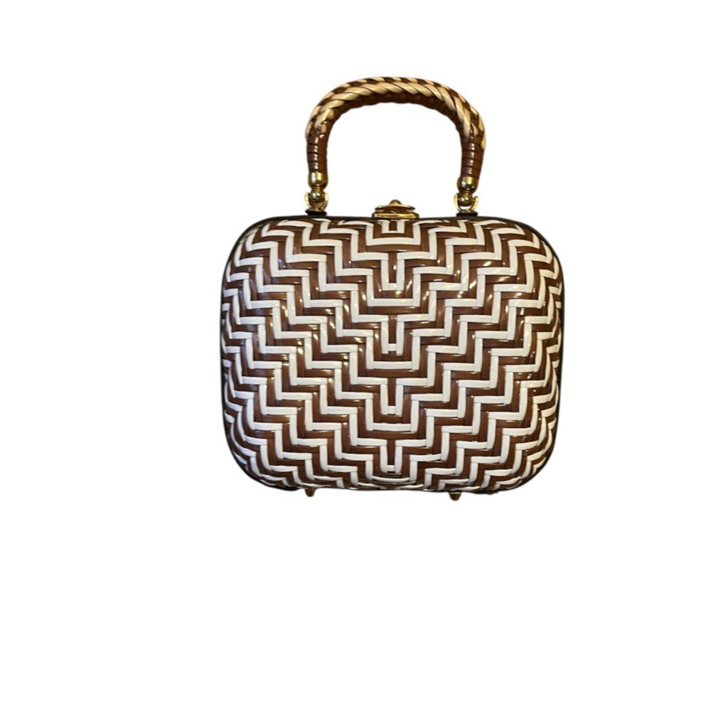 Recycle Me Fancy vintage brown and white woven leather box handbag with a braided ivory handle and gold hardware.