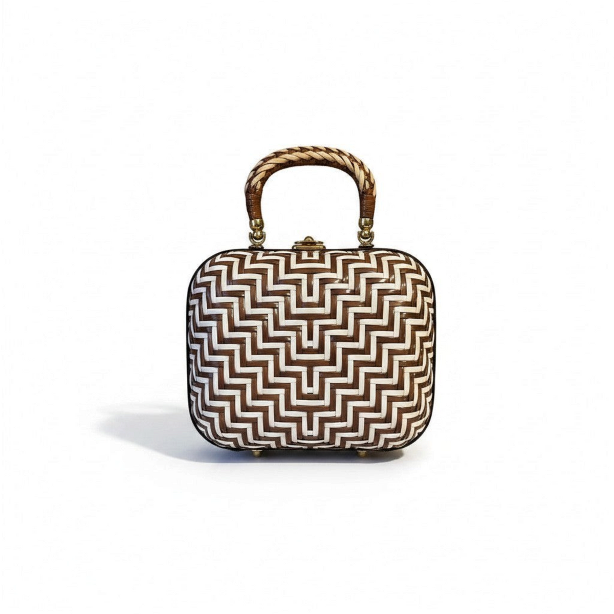 Recycle Me Fancy vintage brown and white woven leather box handbag with a braided handle and gold-tone hardware.